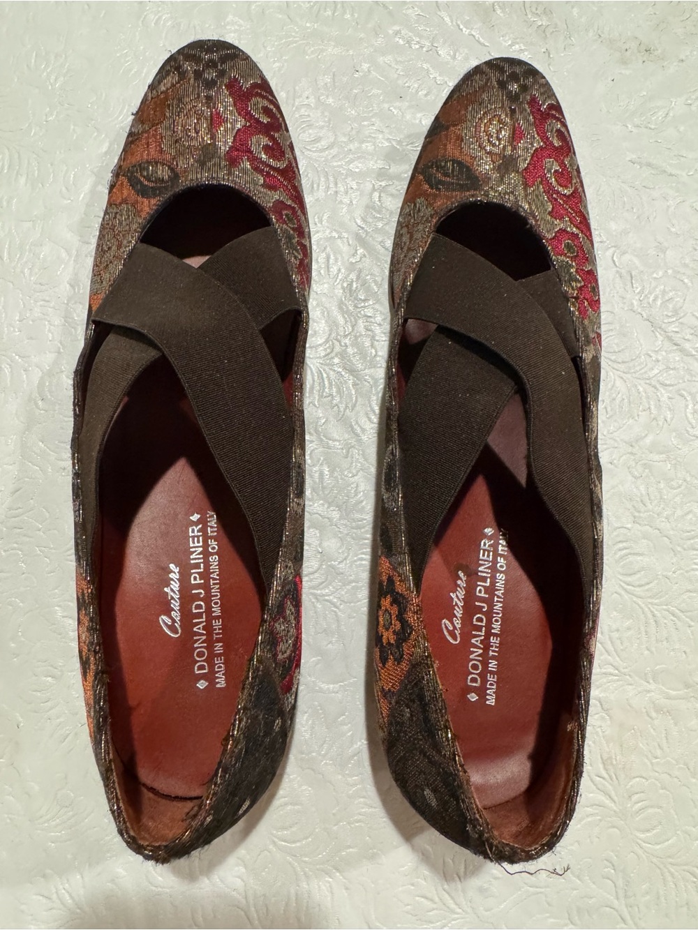 Donald J. Pliner Couture Brown Multicolor Floral Brocade Flats